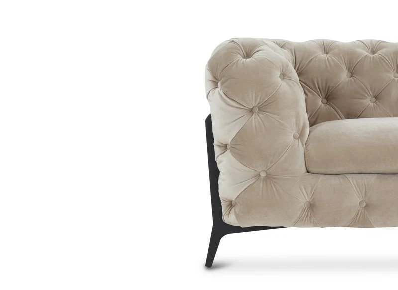Canapé fixe 3 places capitonné chesterfield velours beige CARMEN