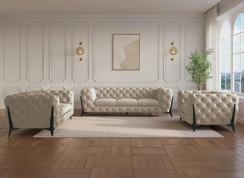 Canapé fixe 2 places capitonné chesterfield velours beige CARMEN