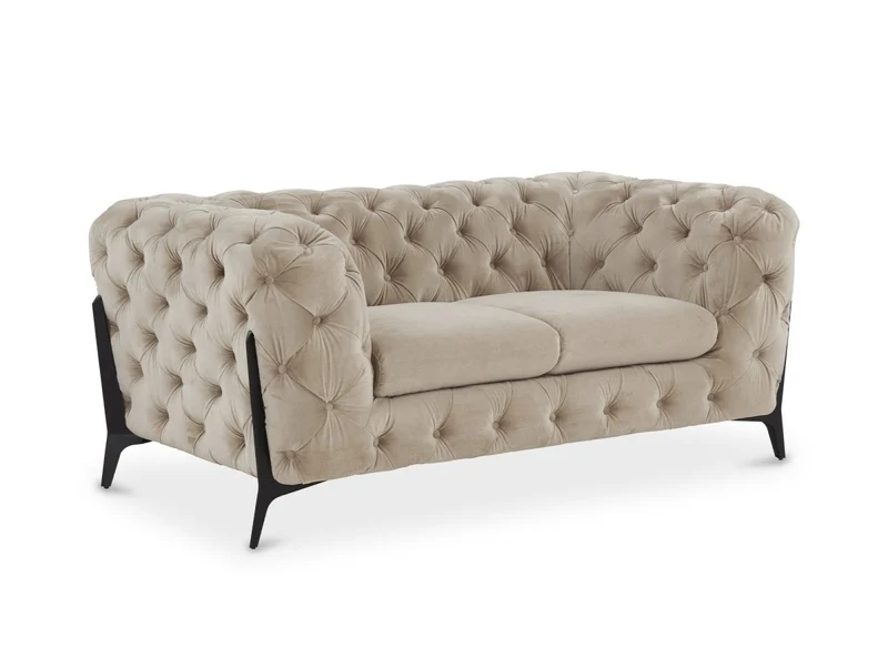 Canapé fixe 2 places capitonné chesterfield velours beige CARMEN