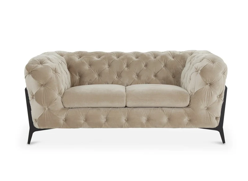 Canapé fixe 2 places capitonné chesterfield velours beige CARMEN