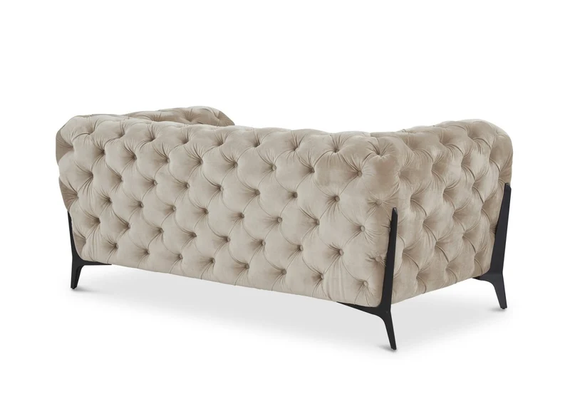 Canapé fixe 2 places capitonné chesterfield velours beige CARMEN