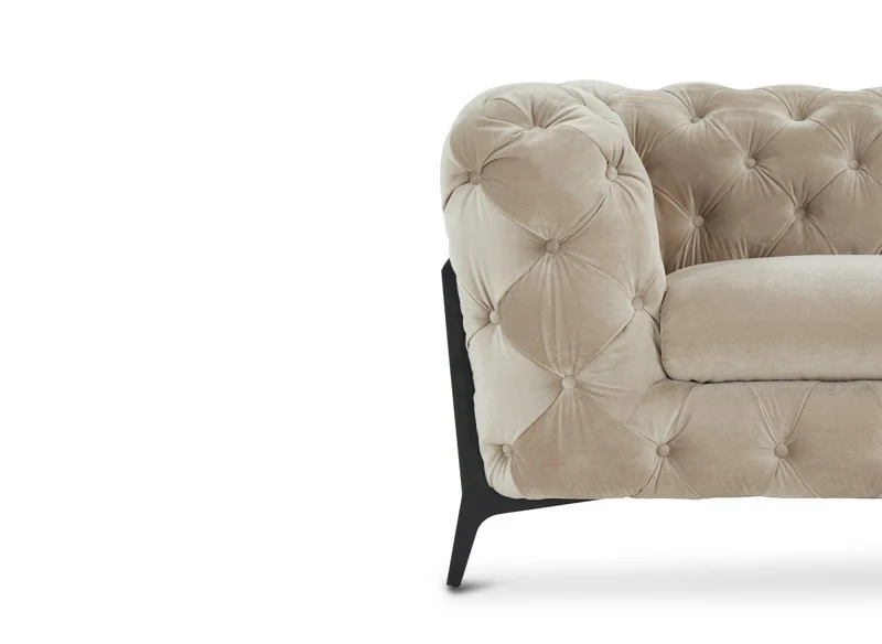Canapé fixe 2 places capitonné chesterfield velours beige CARMEN