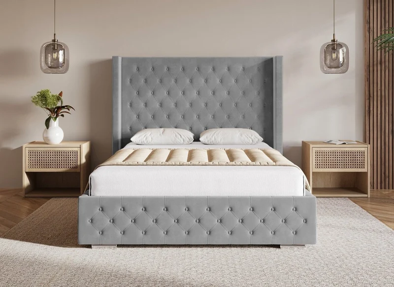 Lit coffre en velours gris 180X200 cm PERLA