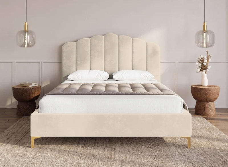 Lit double en velours beige 180x200 cm MARION