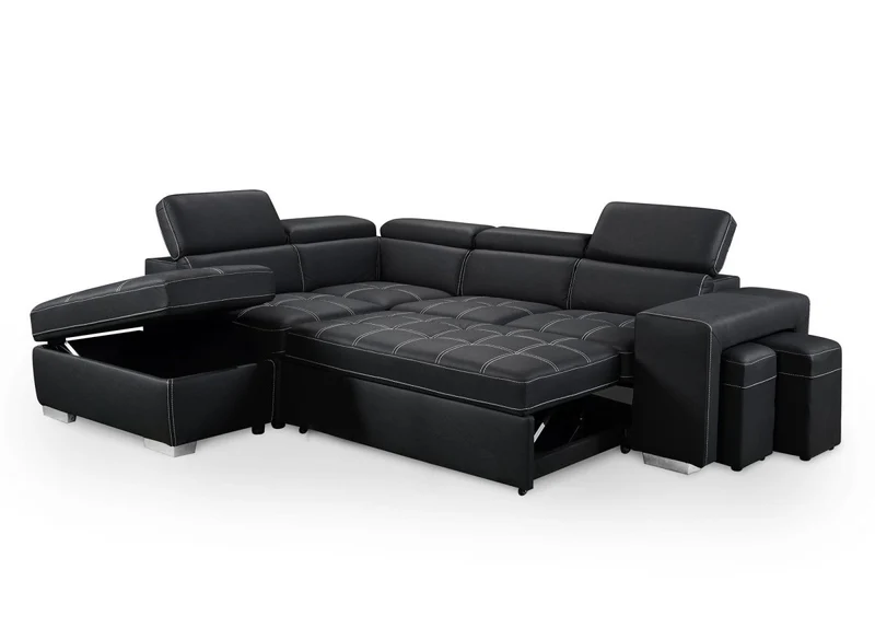 Canapé d'angle convertible en tissu noir DAVON - angle gauche