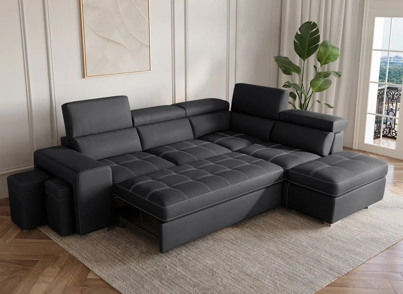 Canapé d'angle convertible en tissu noir DAVON - angle droit