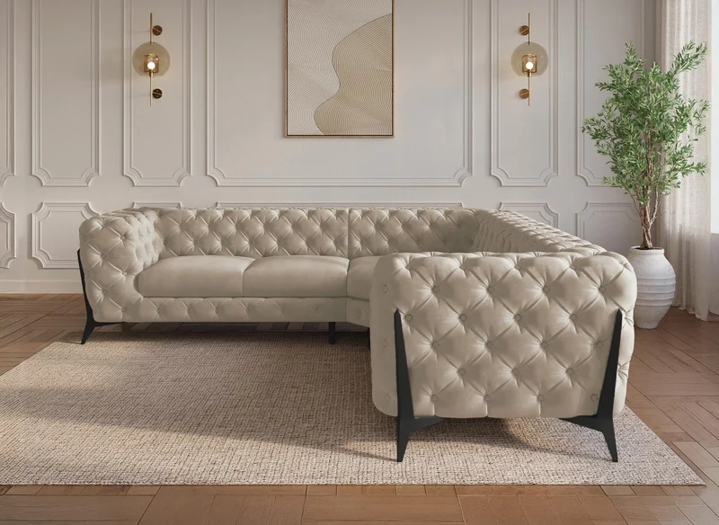 Canapé d'angle fixe capitonné chesterfield velours beige CARMEN