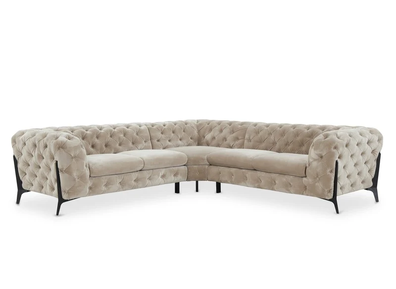 Canapé d'angle fixe capitonné chesterfield velours beige CARMEN