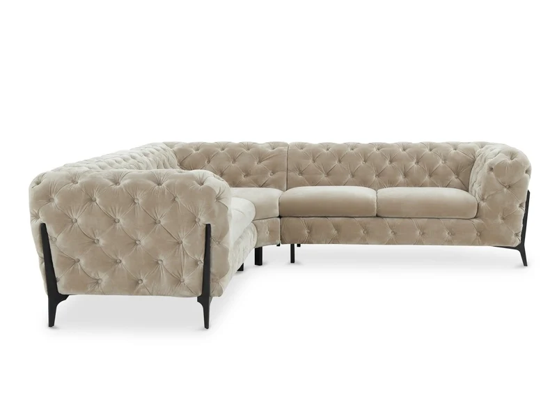 Canapé d'angle fixe capitonné chesterfield velours beige CARMEN