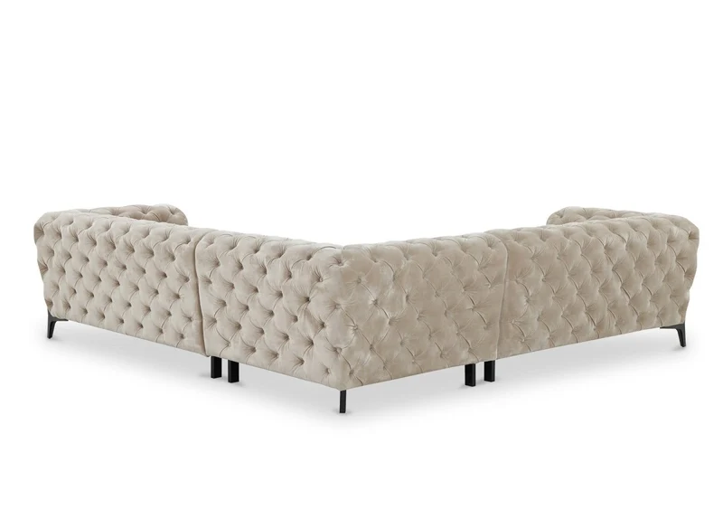 Canapé d'angle fixe capitonné chesterfield velours beige CARMEN