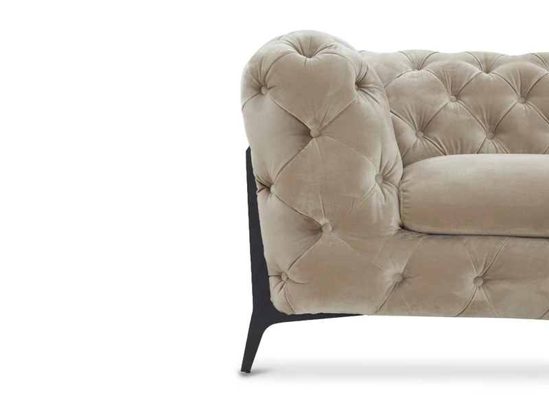 Canapé d'angle fixe capitonné chesterfield velours beige CARMEN