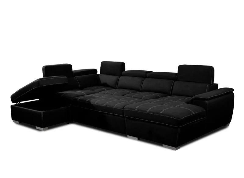 Canapé convertible et panoramique avec coffre de rangement en tissu noir OLIVER - Angle Droit