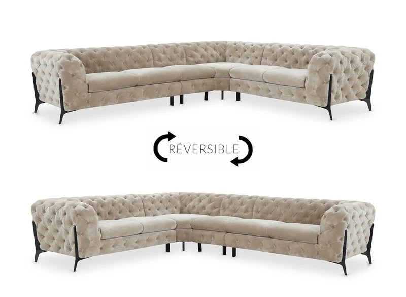 Canapé capitonné chesterfield d'angle réversible en velours beige CARMEN