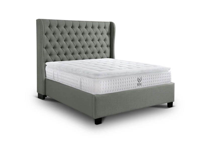 Lit coffre capitonné en tissu lin gris FLORINE 140 x 190 cm