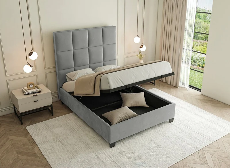 Lit coffre en velours gris design CAROLINE 140 x 190 cm