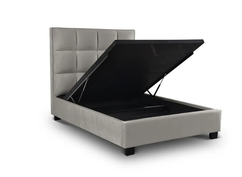 Lit coffre en velours gris design CAROLINE 140 x 190 cm