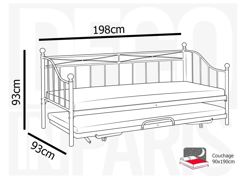 Lit banquette gigogne en métal blanc ALICIA 90 x 190 cm