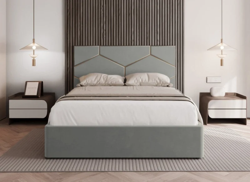 Lit coffre avec tête de lit design en velours gris LARA 180 x 200 cm