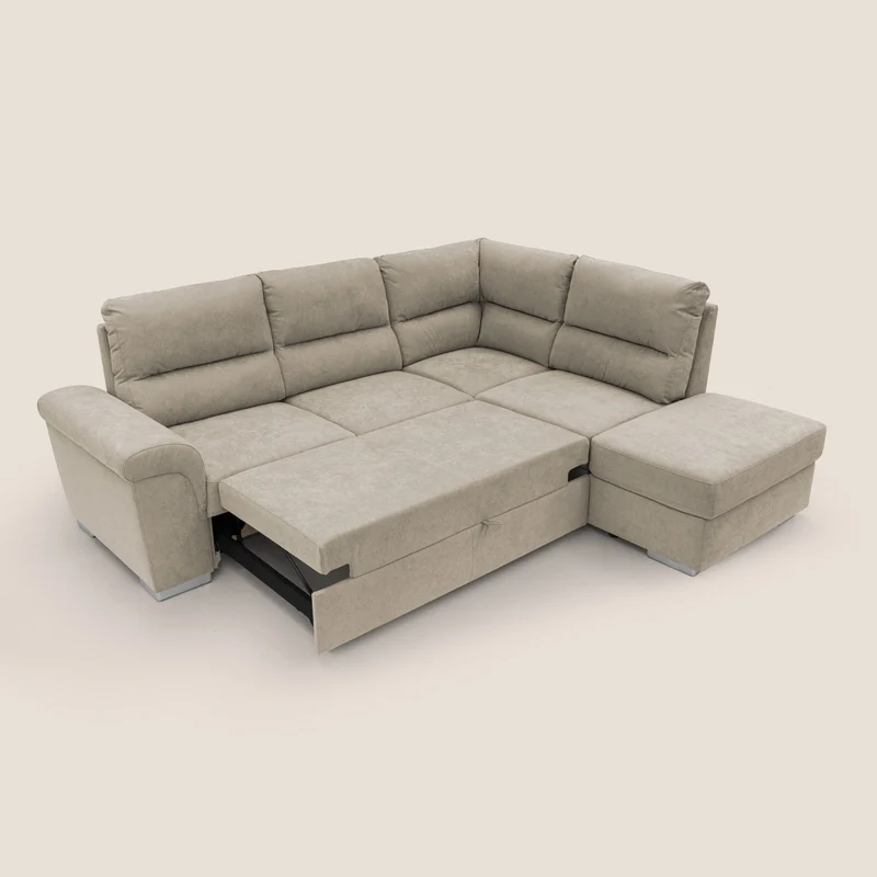 Minerva canapé d'angle avec angle et pouf extractible en tissu doux imperméable T02 crème