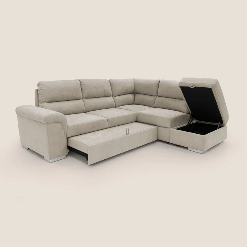 Minerva canapé d'angle avec angle et pouf extractible en tissu doux imperméable T02 crème