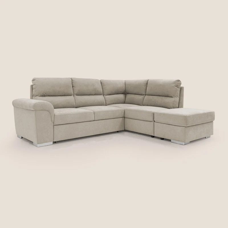 Minerva canapé d'angle avec angle et pouf extractible en tissu doux imperméable T02 crème