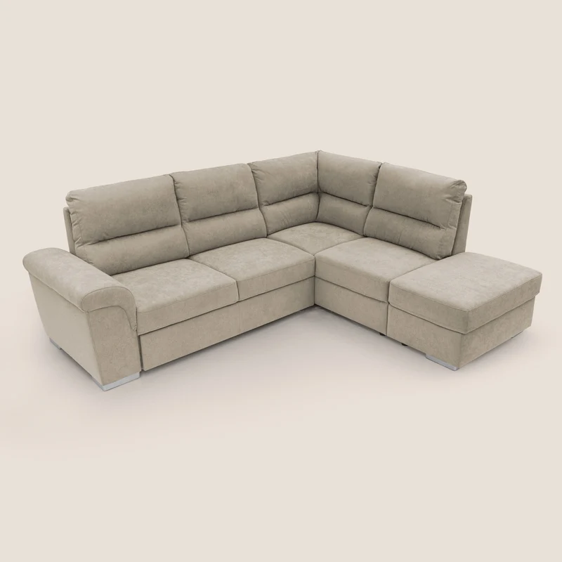 Minerva canapé d'angle avec angle et pouf extractible en tissu doux imperméable T02 crème