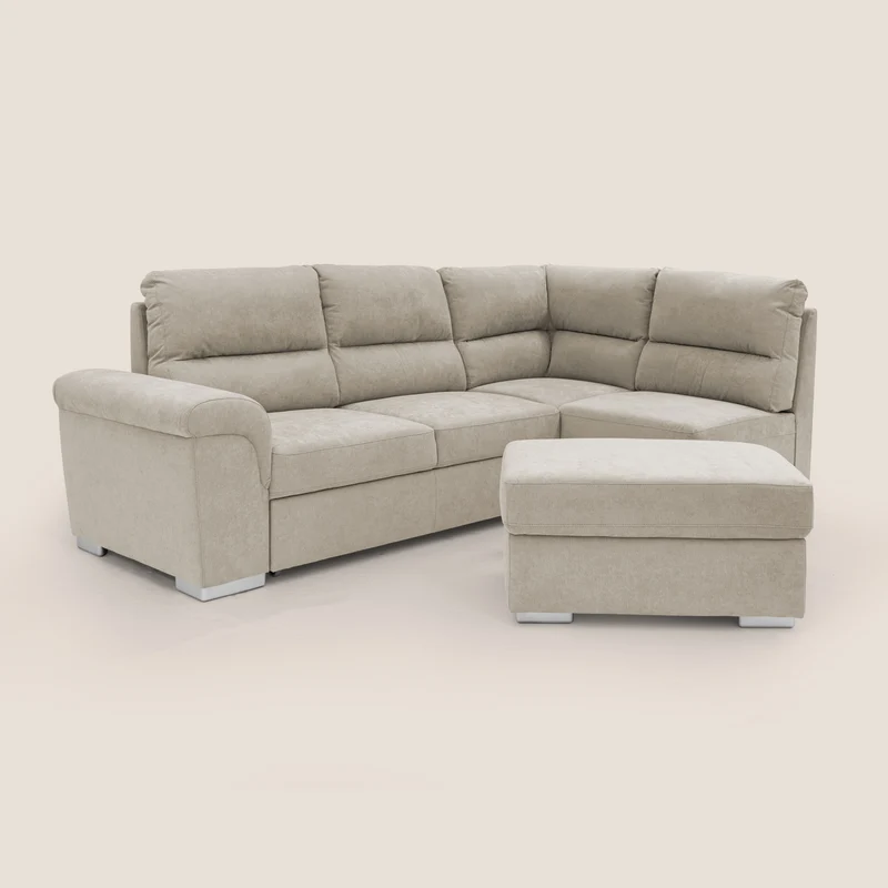 Minerva canapé d'angle avec angle et pouf extractible en tissu doux imperméable T02 crème