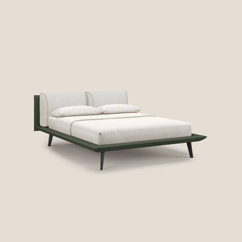 Petra lit design bicolore avec coussins en plumes, pieds foncés et tissu imperméable T11 et T 06 vert - crème