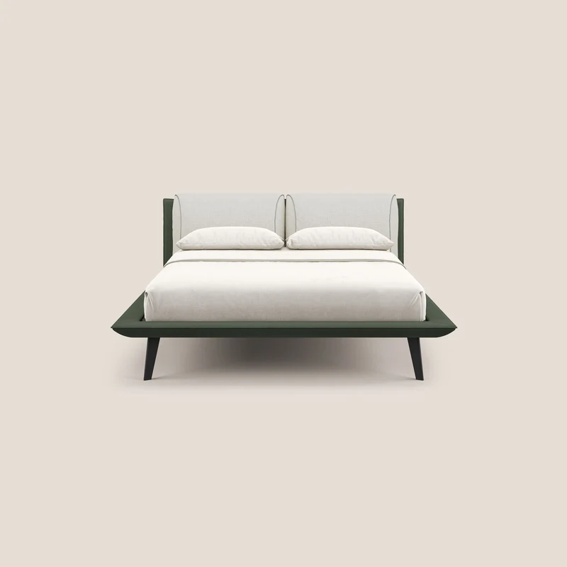 Petra lit design bicolore avec coussins en plumes, pieds foncés et tissu imperméable T11 et T 06 vert - crème