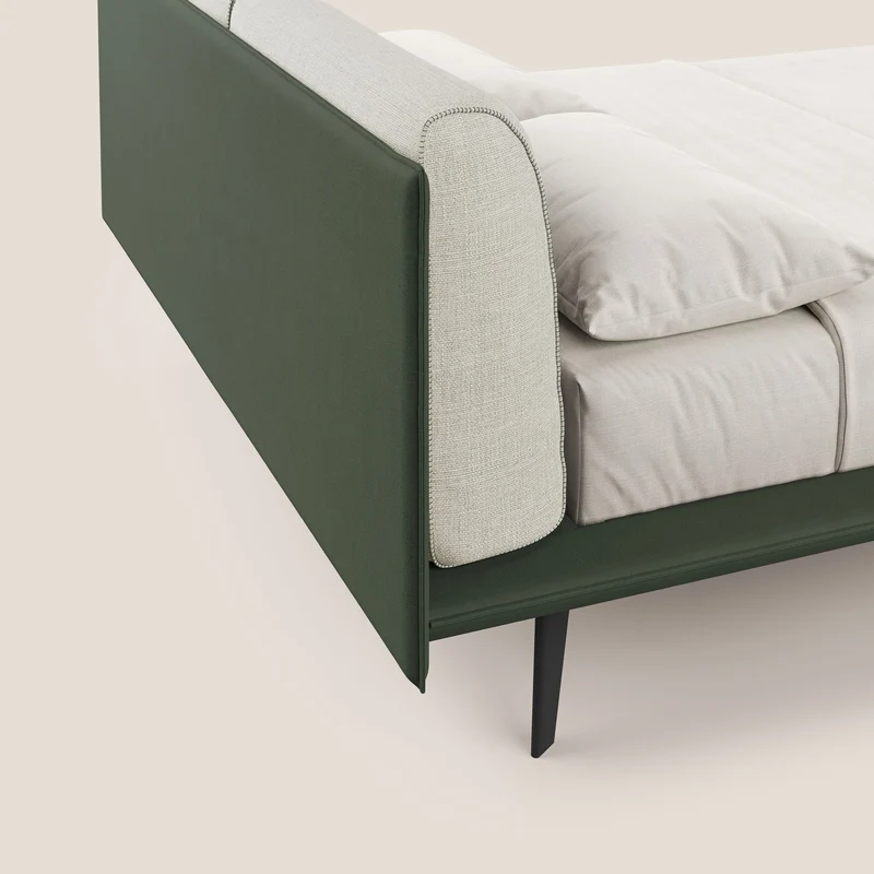 Petra lit design bicolore avec coussins en plumes, pieds foncés et tissu imperméable T11 et T 06 vert - crème