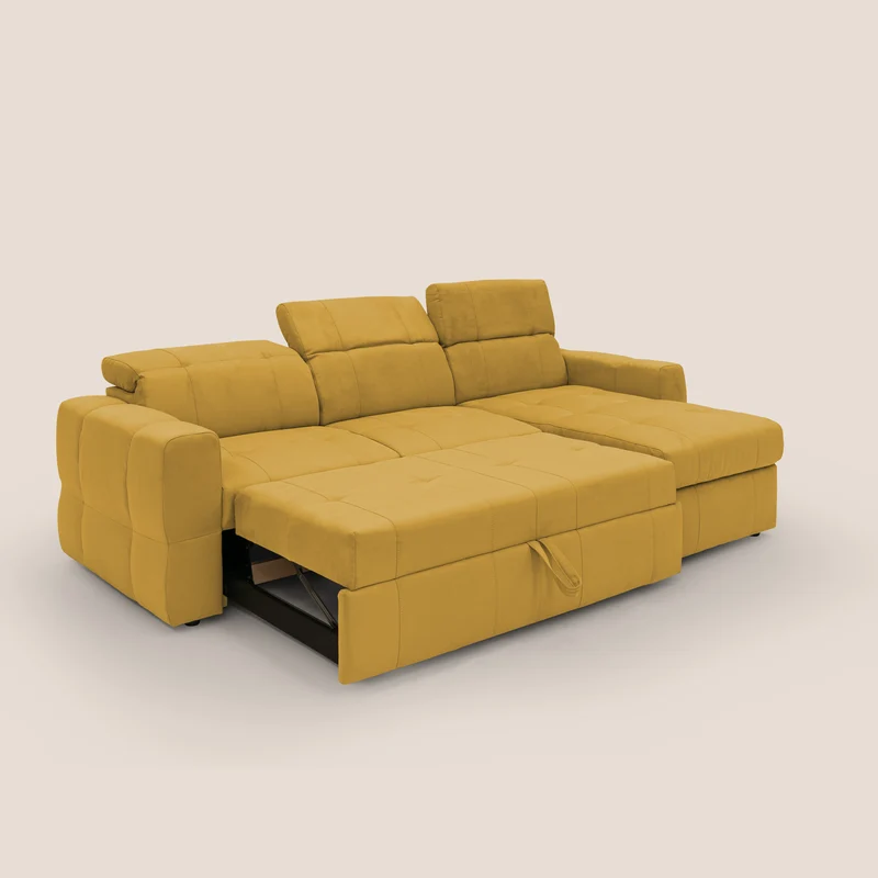 Kronos Canapé d'angle avec pouf extractible et coffre de rangement en microfibre imperméable T11 jaune