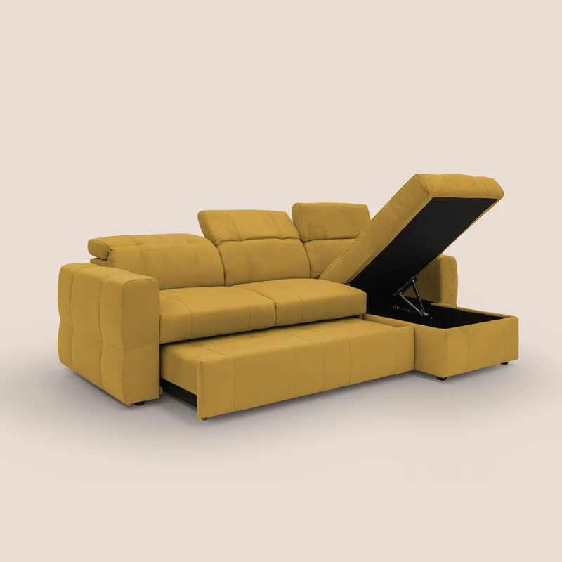 Kronos Canapé d'angle avec pouf extractible et coffre de rangement en microfibre imperméable T11 jaune