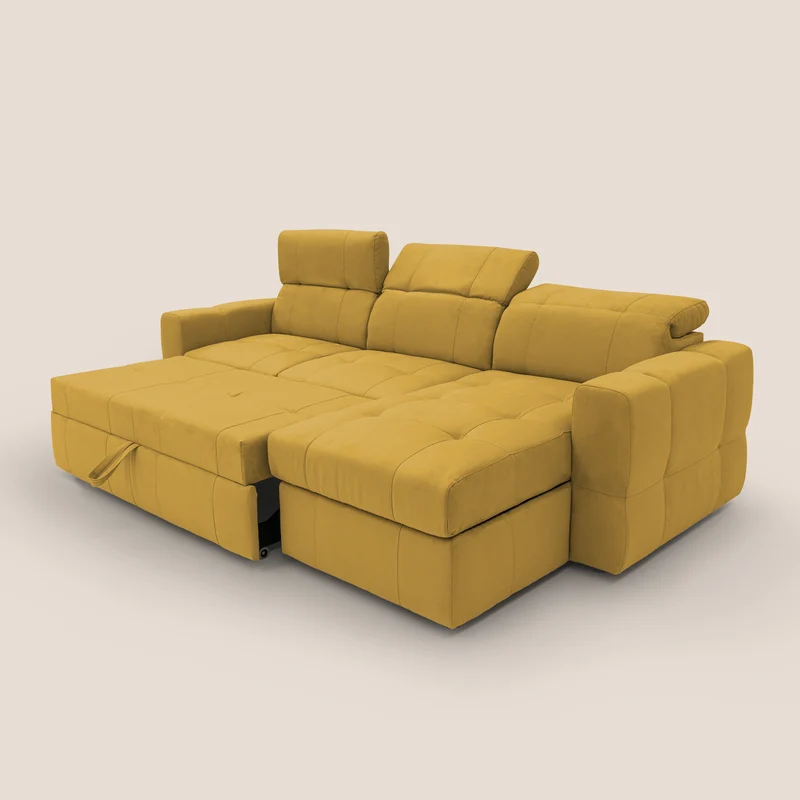 Kronos Canapé d'angle avec pouf extractible et coffre de rangement en microfibre imperméable T11 jaune