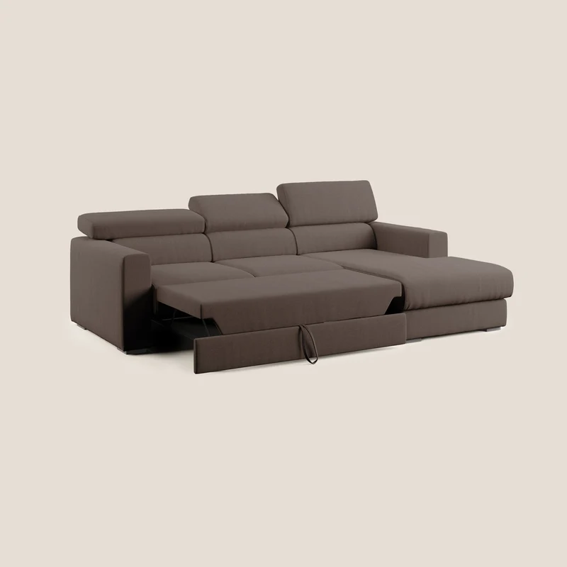 Dylan canapé d'angle avec méridienne et pouf extractible en tissu imperméable T13 marron