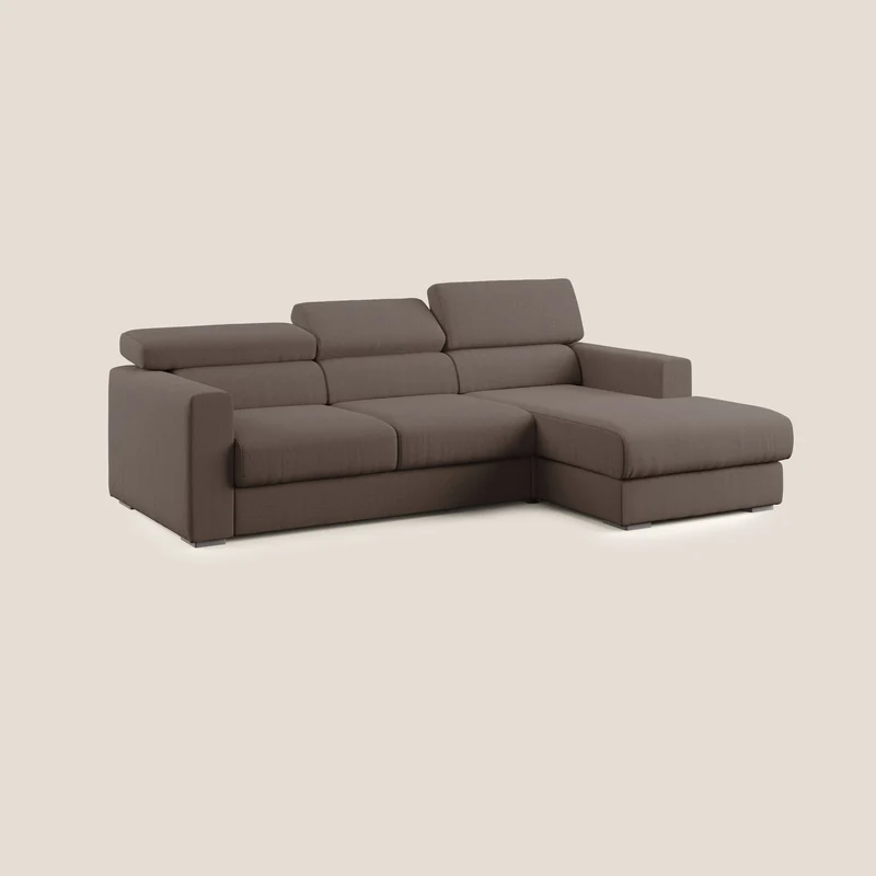 Dylan canapé d'angle avec méridienne et pouf extractible en tissu imperméable T13 marron