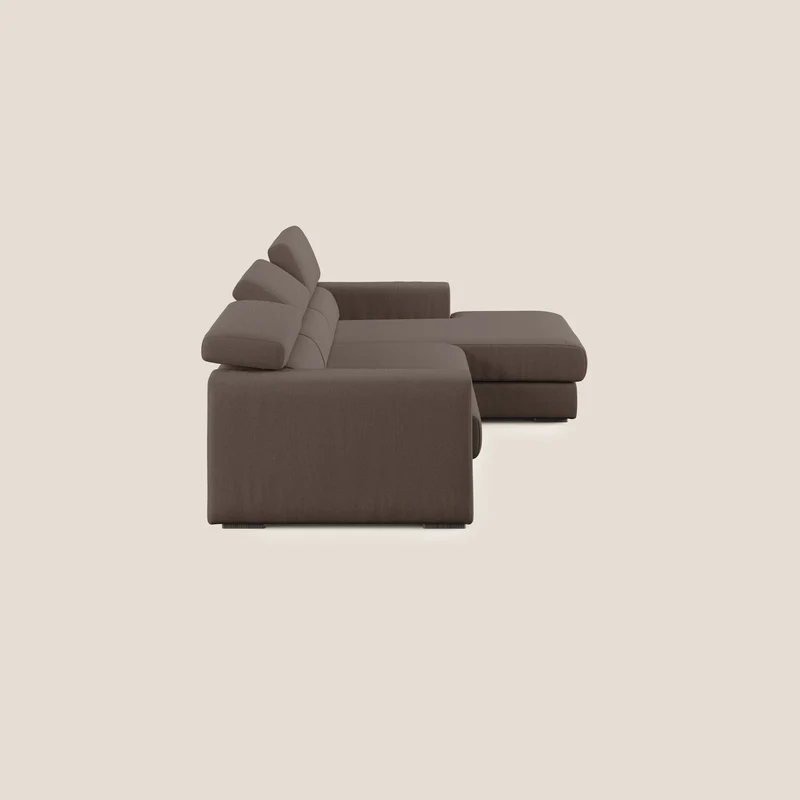 Dylan canapé d'angle avec méridienne et pouf extractible en tissu imperméable T13 marron