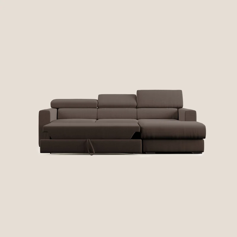 Dylan canapé d'angle avec méridienne et pouf extractible en tissu imperméable T13 marron