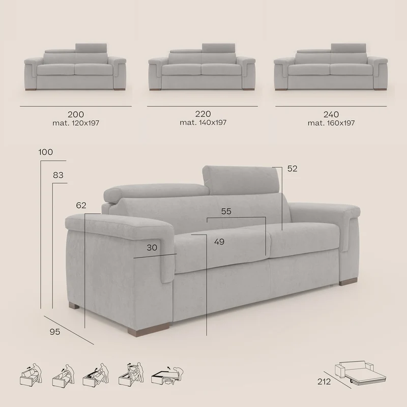 Giunone canapé convertible avec matelas de 18 cm et têtières inclinables en tissu imperméable T02 vert