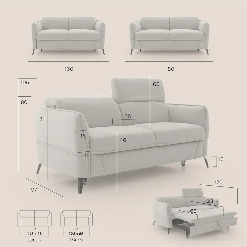 Bloom canapé avec repose-pieds extractible pieds hauts et têtières réglables en bouclette imperméable T07 rose