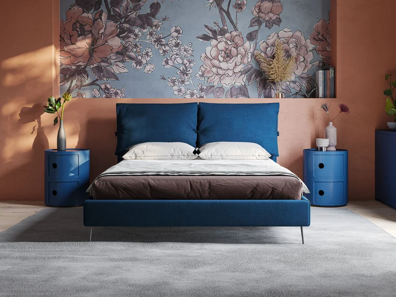 Artemisia lit rembourré avec pieds hauts déhoussable en tissu détachable T17 bleu