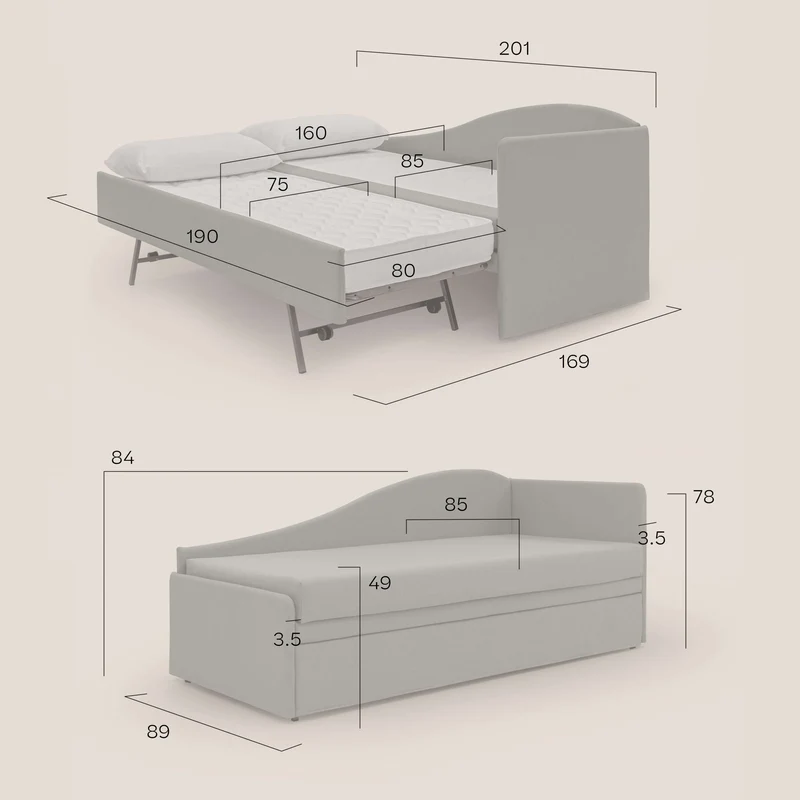 Nolo Canapé duplex avec lits jumeaux et tissu effet coton imperméable T13 crème