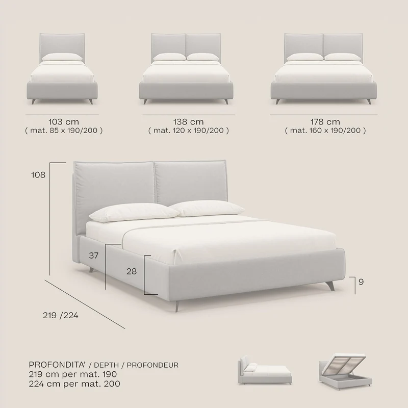 Nives lit rembourré avec coffre déhoussable en microfibre velours imperméable T09 crème