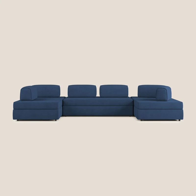 Liberty Canapé panoramique avec pouf extractible et dossiers amovibles en tissu doux imperméable T02 bleu