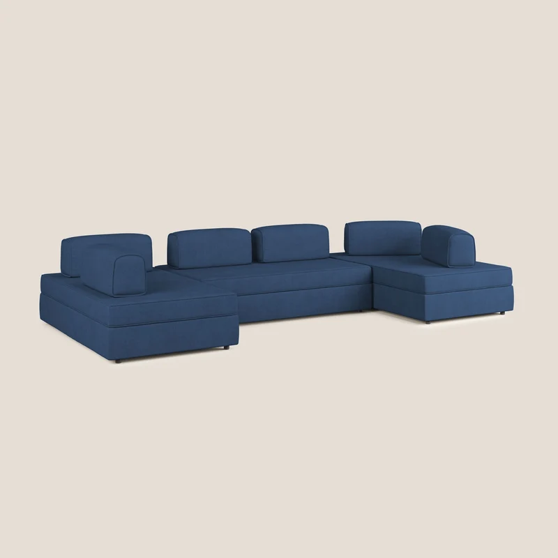 Liberty Canapé panoramique avec pouf extractible et dossiers amovibles en tissu doux imperméable T02 bleu