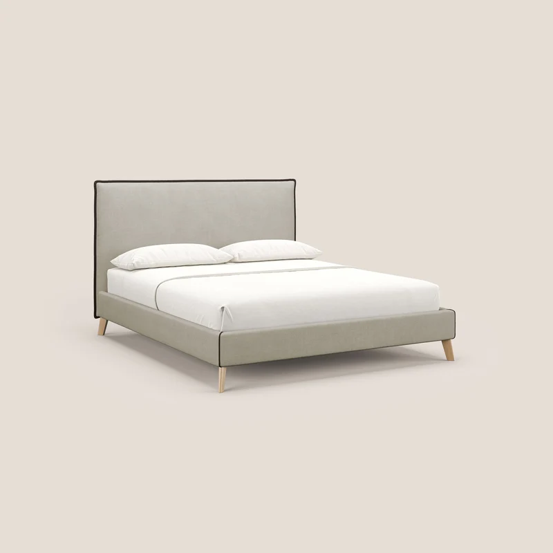 Leila lit rembourré avec pieds en bois et tissu détachable T17 crème - marron