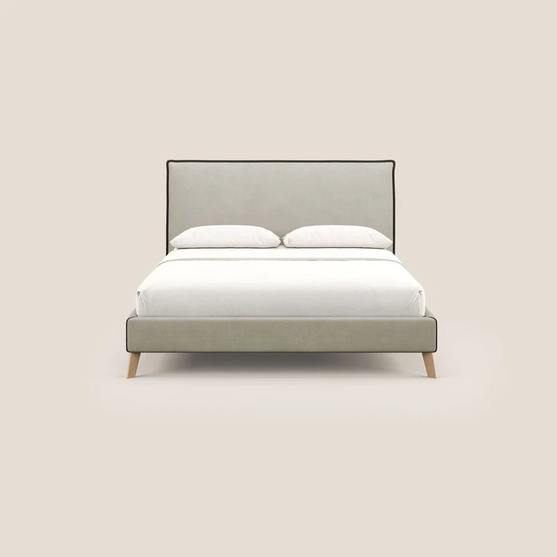 Leila lit rembourré avec pieds en bois et tissu détachable T17 crème - marron