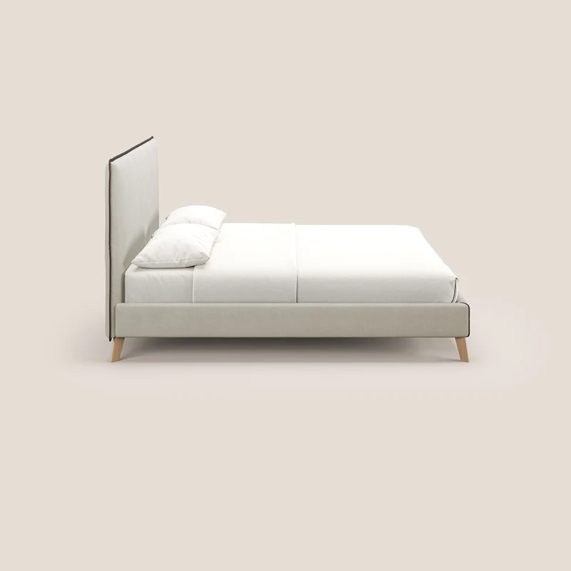 Leila lit rembourré avec pieds en bois et tissu détachable T17 crème - marron