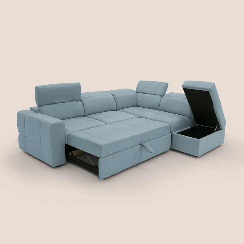 Kronos Canapé d'angle avec extractible et pouf coffre en micorfibre imperméable T11 sucre glace