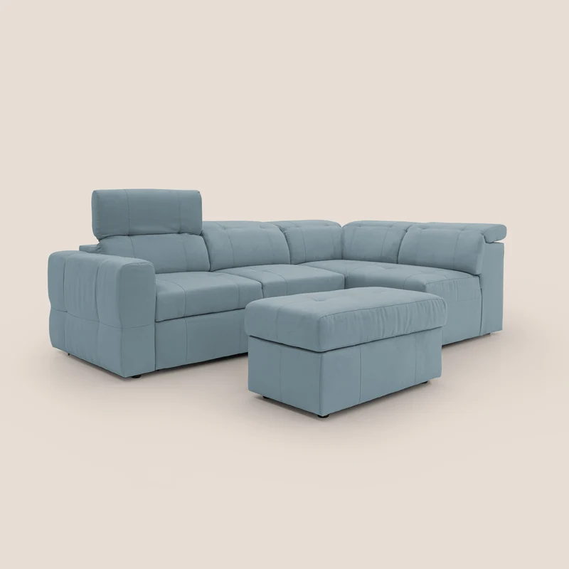 Kronos Canapé d'angle avec extractible et pouf coffre en micorfibre imperméable T11 sucre glace