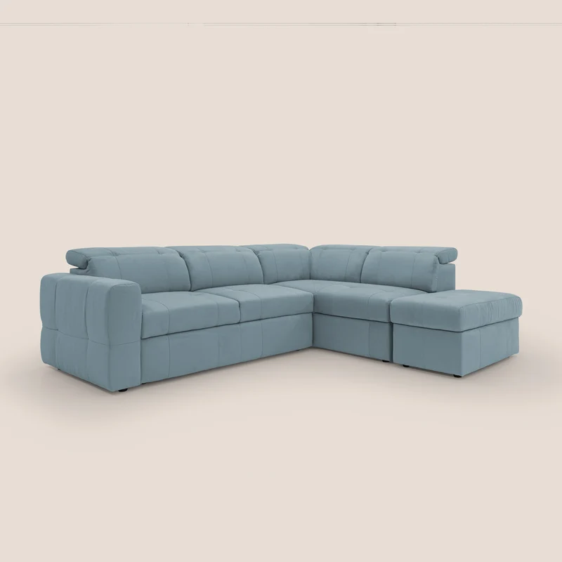 Kronos Canapé d'angle avec extractible et pouf coffre en micorfibre imperméable T11 sucre glace